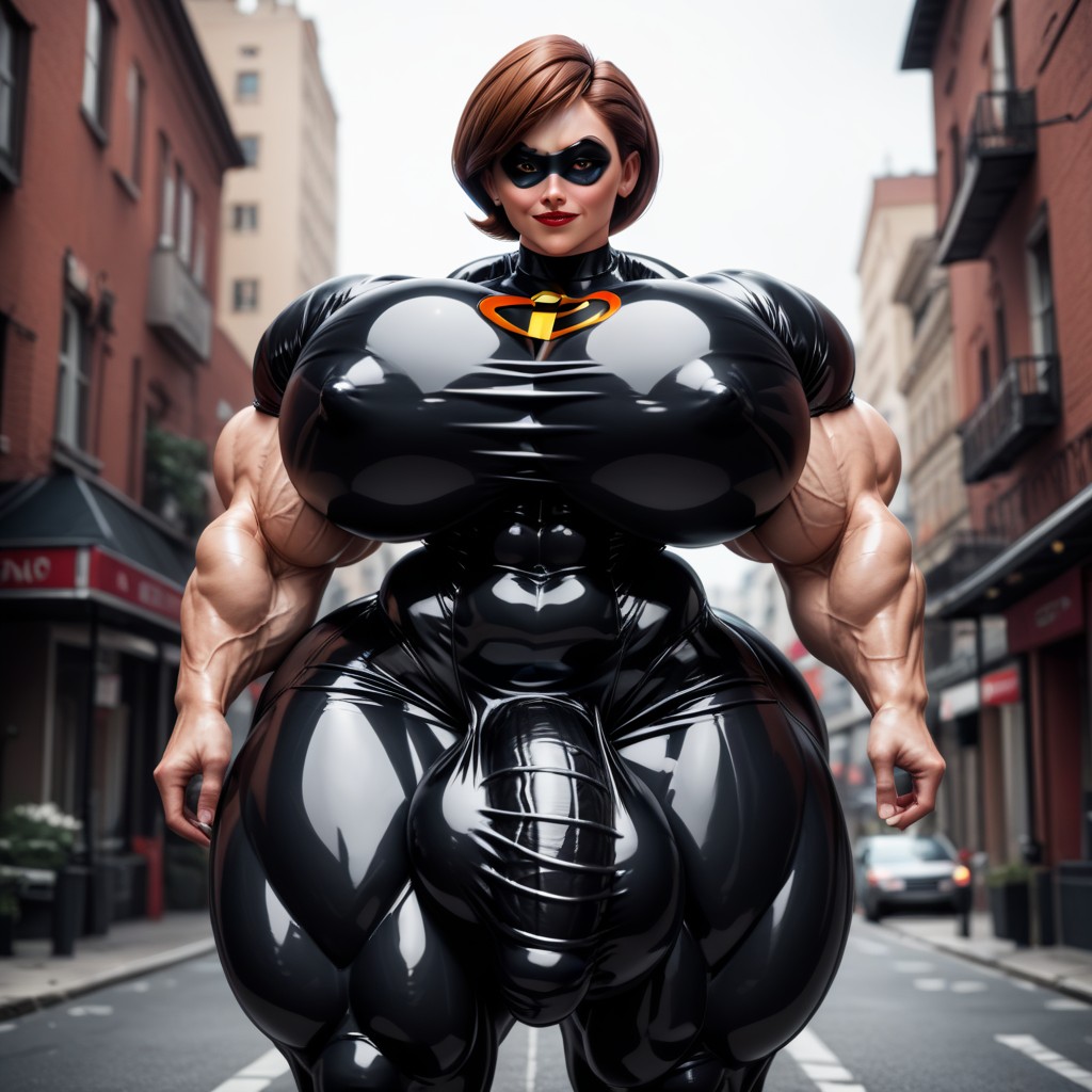 Walking, Hyper Gigantic Testicles, Latex Suit Shemale AI Porn