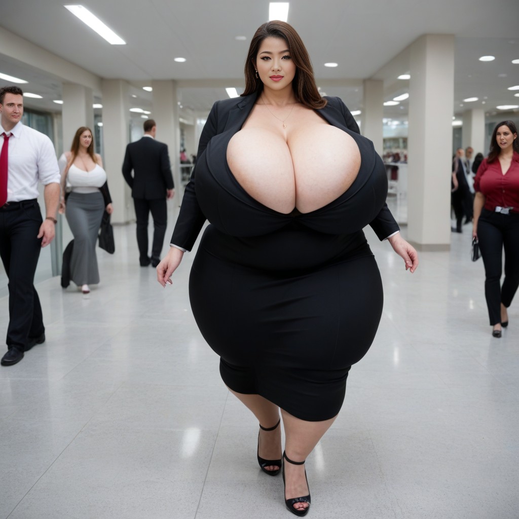 Black Suit, Extreme Hyper Breasts, Huge Bulge On Skirt AI Porn