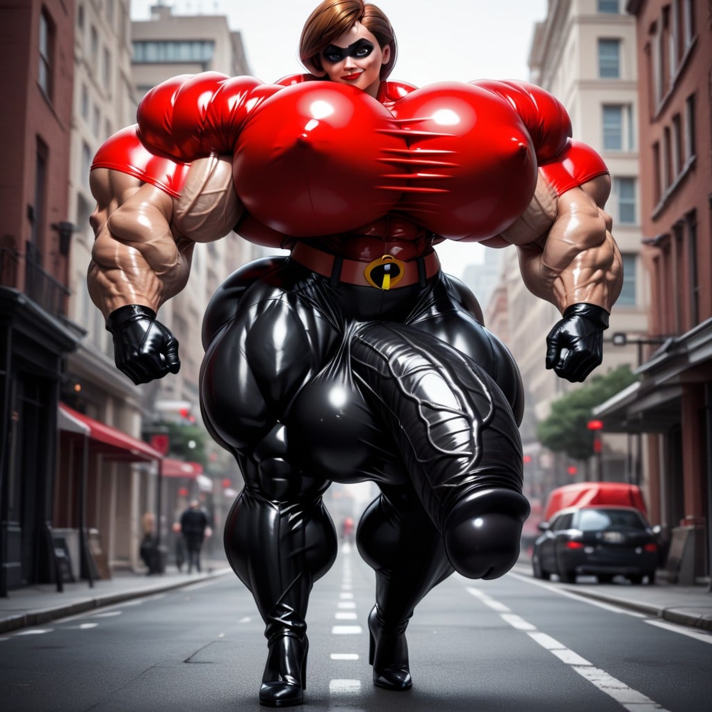 Muscular, Red Latex Suit, Hyper Gigantic Testicles Shemale AI Porn