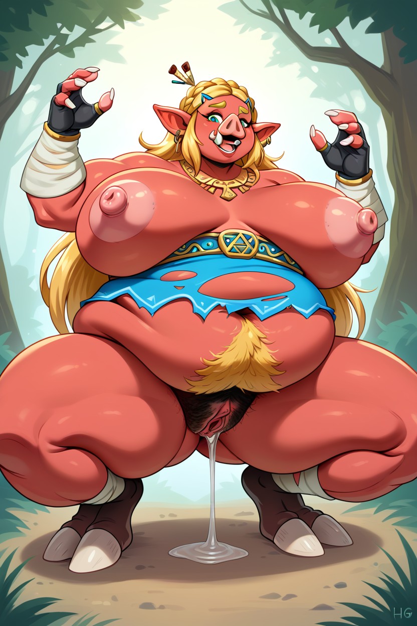 Gaping Used Nipples, Torn Clothes, Anthro Female Hog AI Porn
