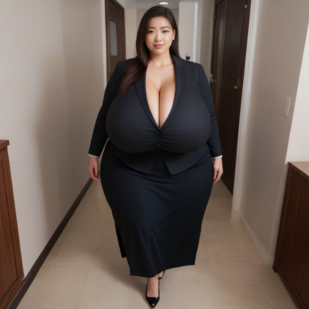 Black Suit, Walking Down The Office, Gigantic Breasts Reaches The Floor AI Porn