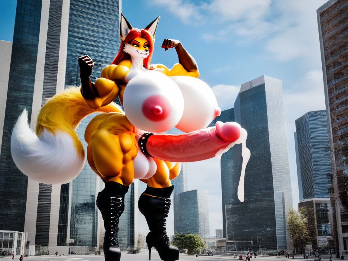 Double Cock On Fox, Thick Thighs, Holding Cock Furry AI Porn
