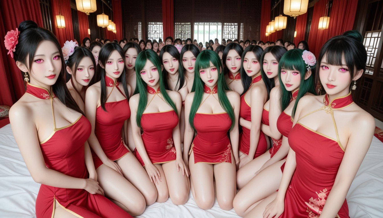 Harem, Big Boobs, Green Hair Asian AI Porn