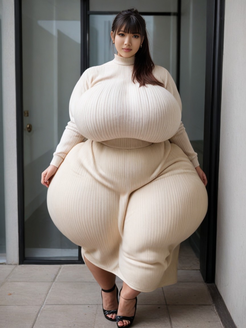 Disproportionately Large Breasts Reaches Thighs, Asian Woman, Asian City AI Porn