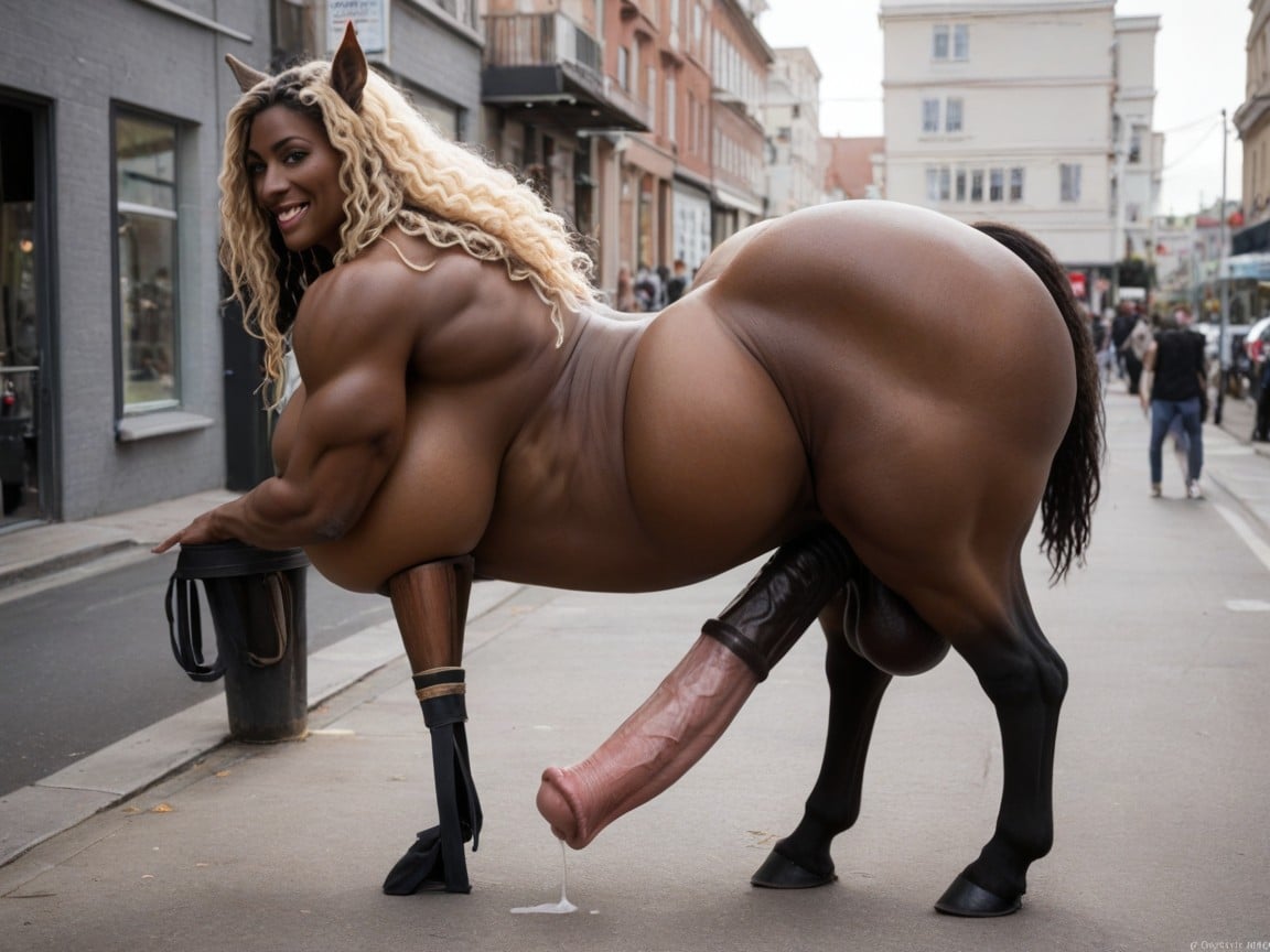 Street, Body White Furcentaur Body, Side View Shemale AI Porn