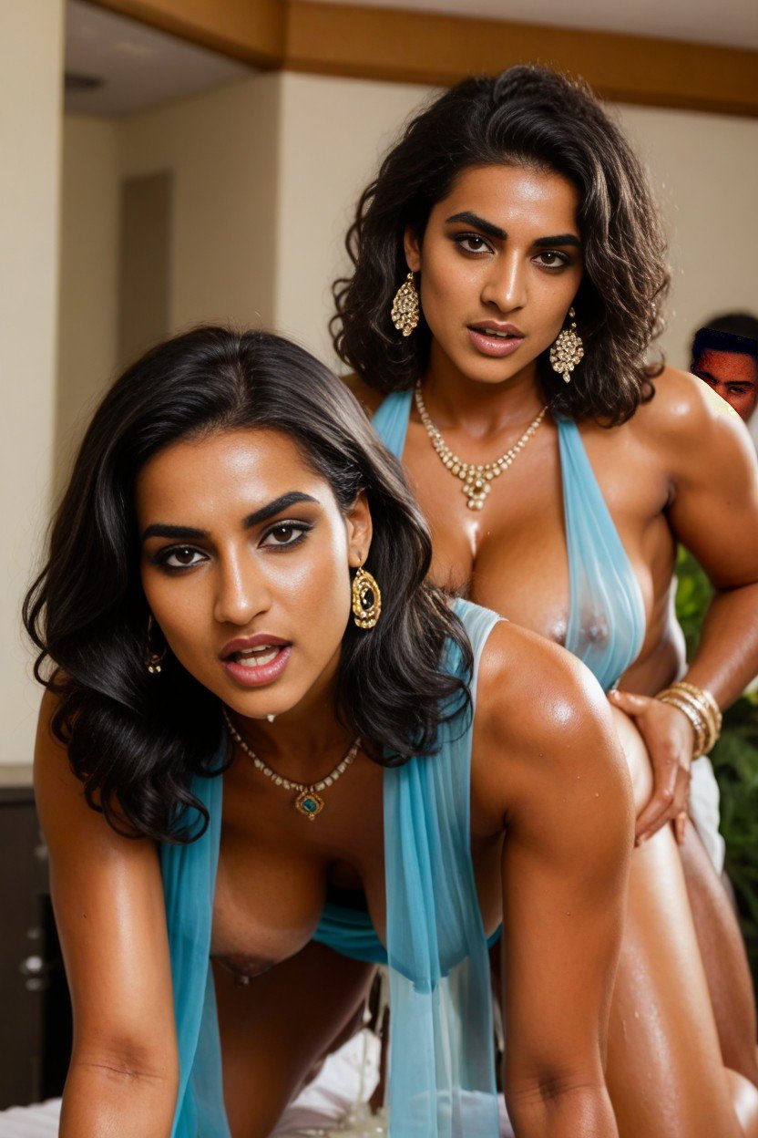 Indian Groom With Straight Black Hair Man Has Medium Straight Black Hair, Looking At Viewer, Second Woman Wearing Sheer Ethnic Indian Clothes Travesti IA Pornô