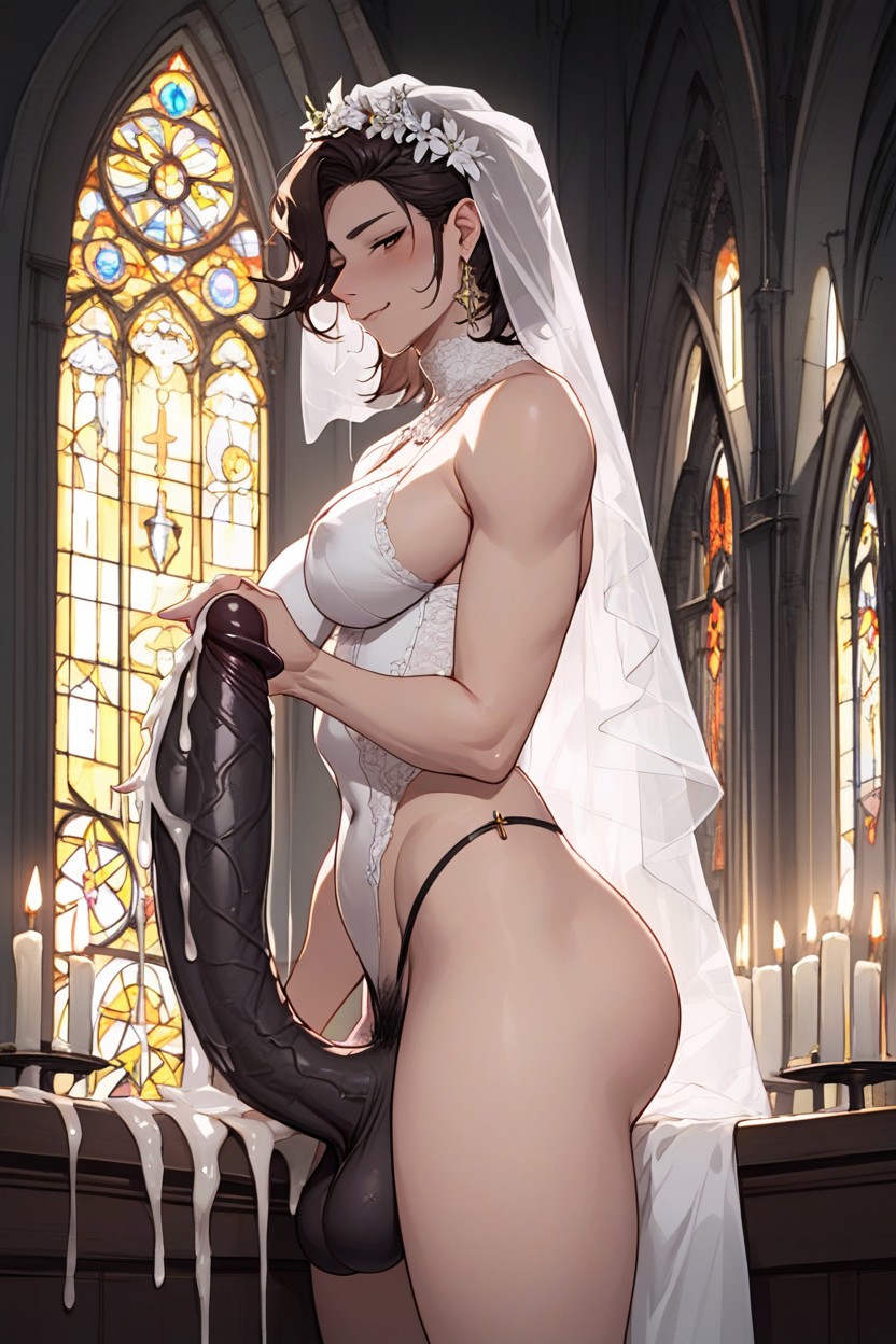 Beautiful And Seductive Bride Standing After Sucking Mans Gigantic Flaccid Black Cock, 웨딩 드레스, 작은 가슴퍼리 AI 포르노