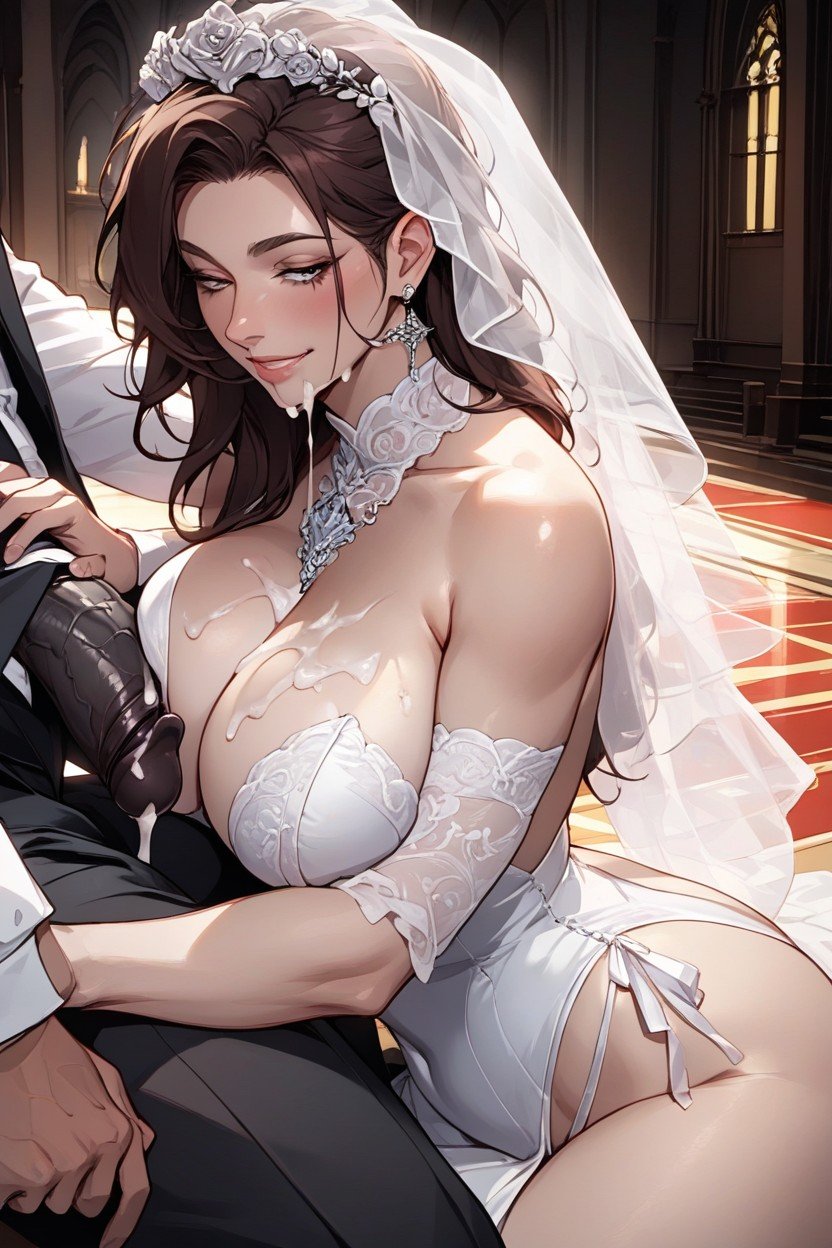 Smiling Bridal Lingerie Exposed Round Perfect Ass With Thongs Beautiful Perfect Sweet Face Perfect Beautiful Sweet Eyes Covered B Cup Boobs Black Man Tired, Sitting On An Altar With Gigantic Flaccid Black Cock, 疲れた顔ファーリーAIポルノ