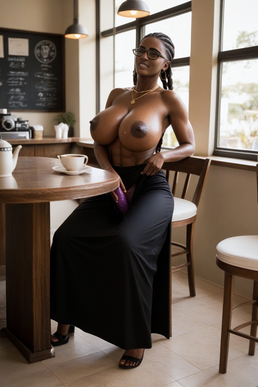 In Coffee Shop, Orgasm Face, Nerdy Black Woman AI Porn