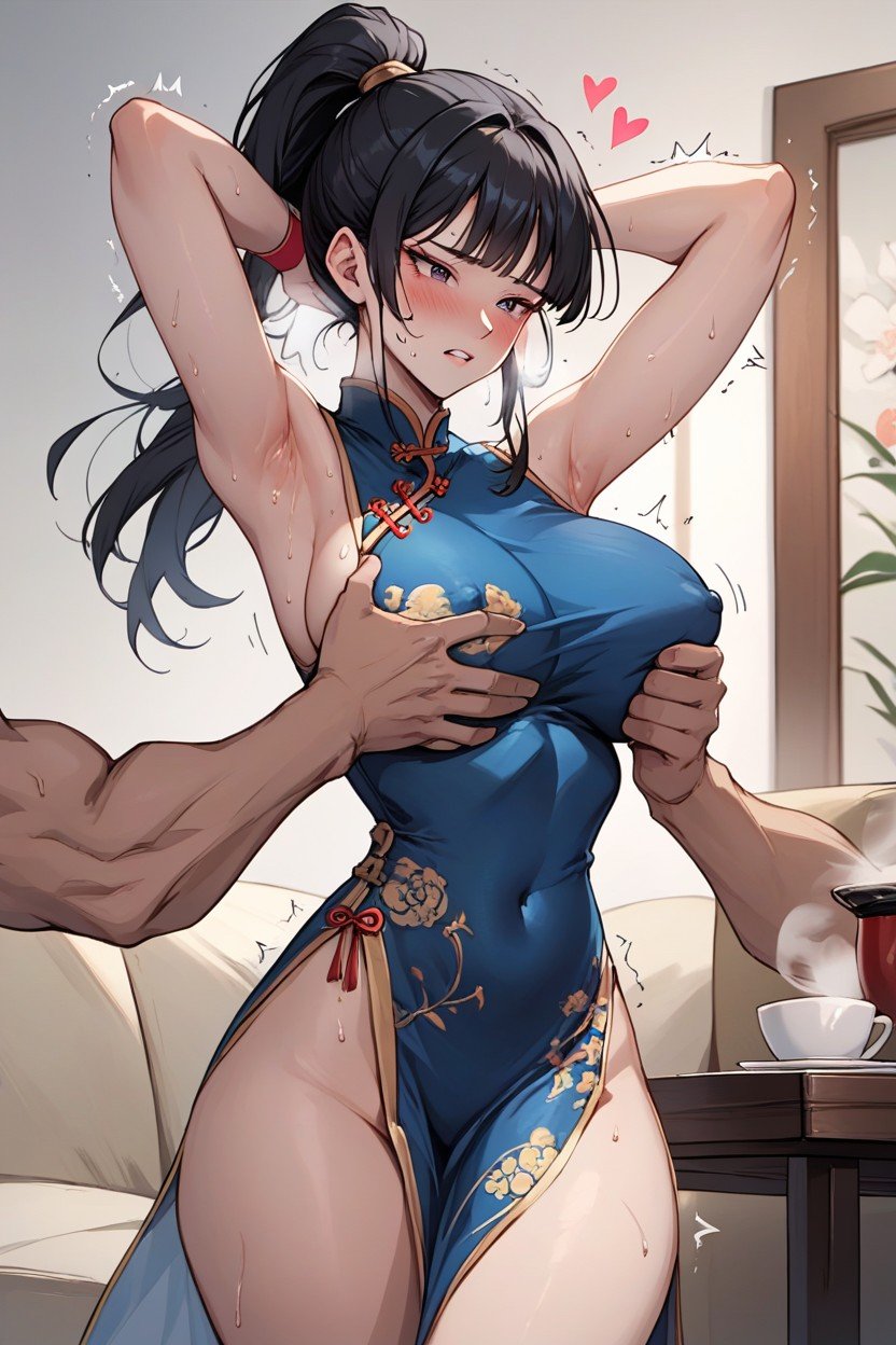 Blue Dress, Corações De Amor, Black Hair Hentai IA pornografia