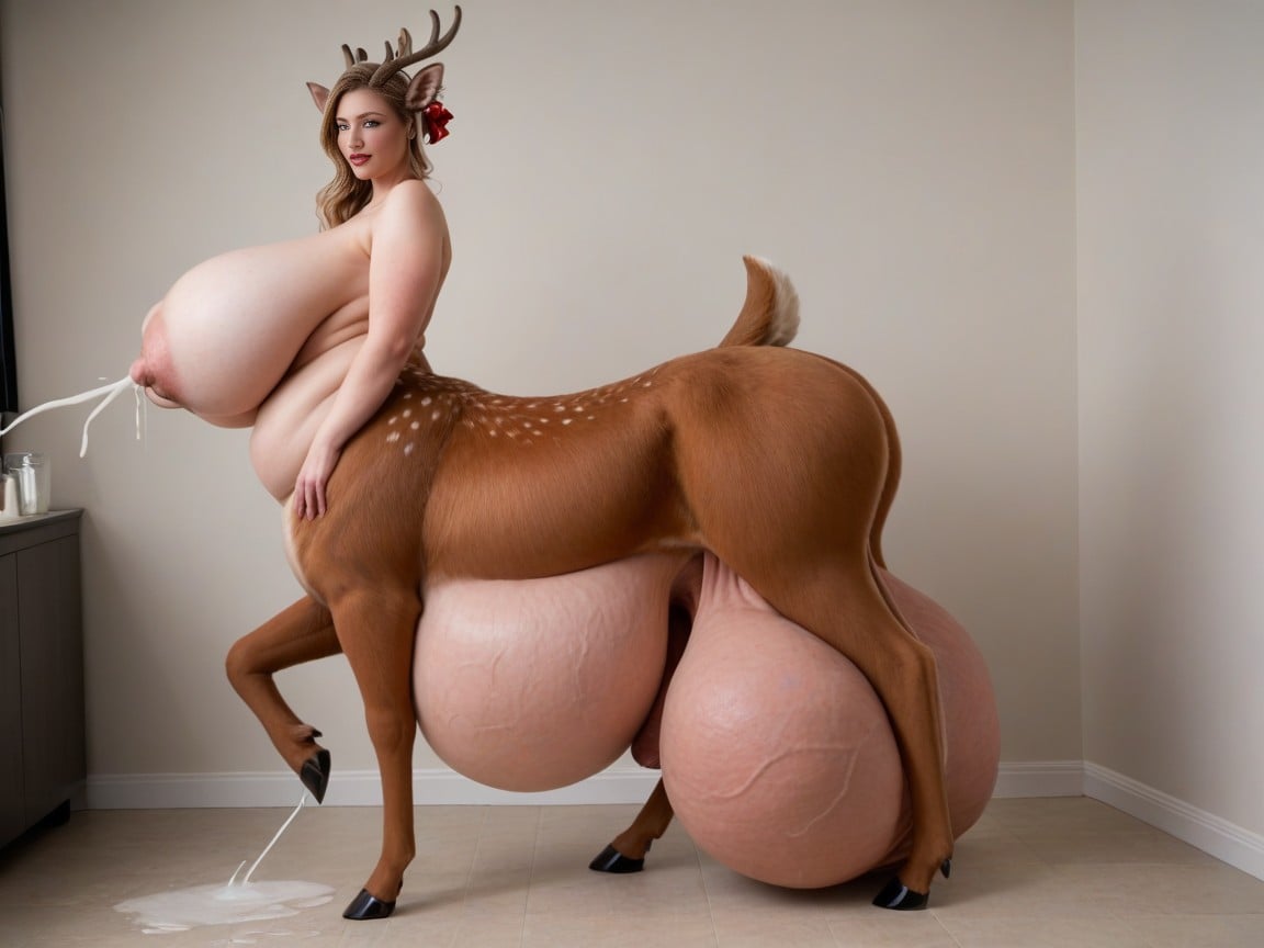 Flared Bigger Than Body On Deertaur Body, Extremely Futanari Deer With Hyper Massive Bloated Deer Ass Cheeks, Stall Travesti IA Pornô