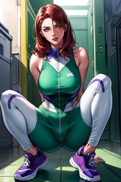 Red Medium Hair, Green And Purple Tight Jumpsuit With Open Legs, SneakersAI 포르노