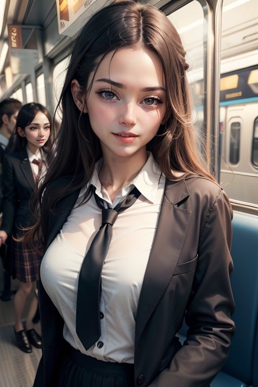 電車, 制服, 笑顔で口を開けるAIポルノ