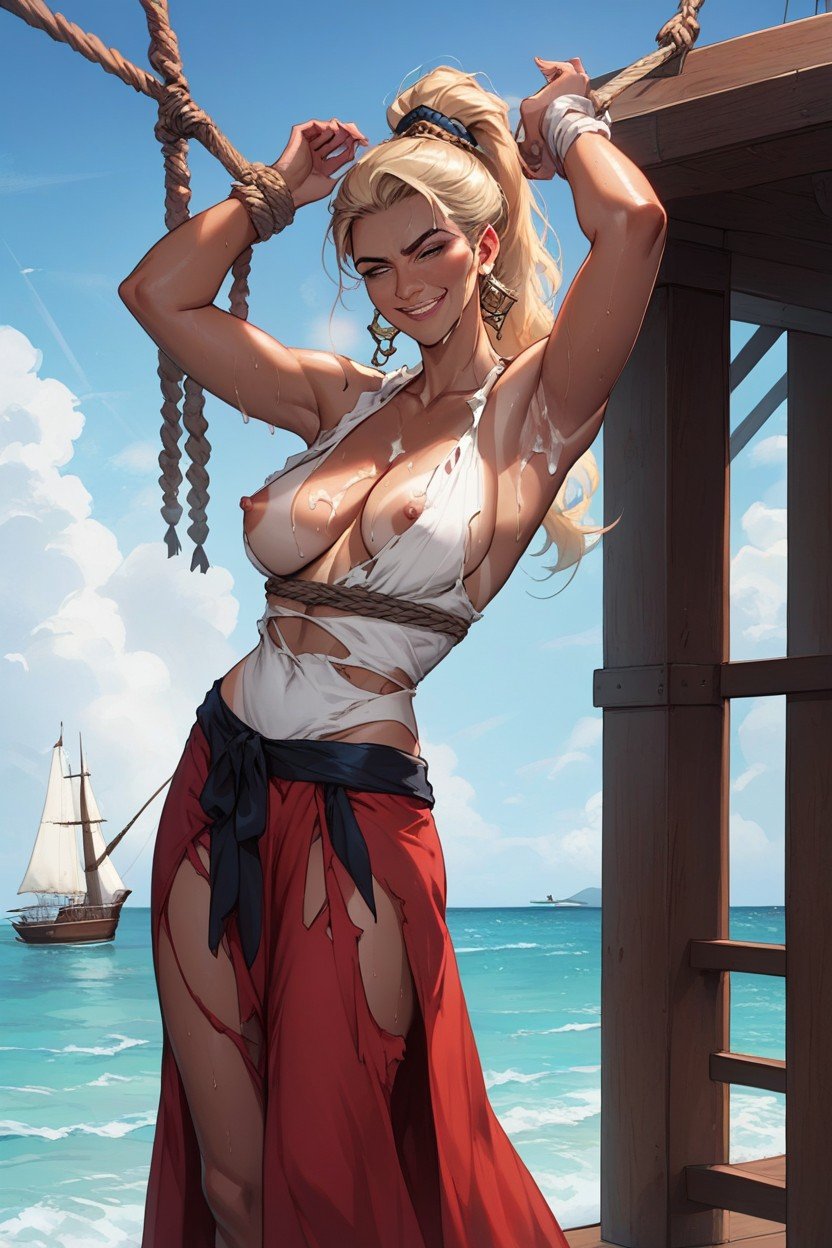 Standing Up, 's Caribbean Dress, Ocean In Background AI Porn