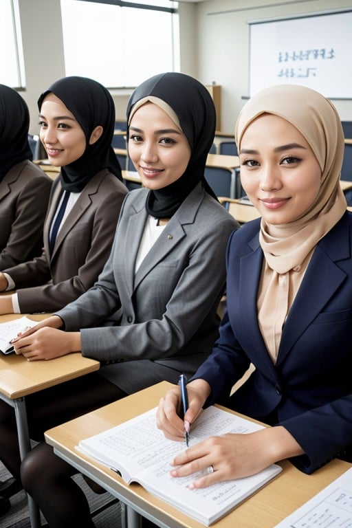 Hijab, 团体照片, Sitting At DeskAI黄漫