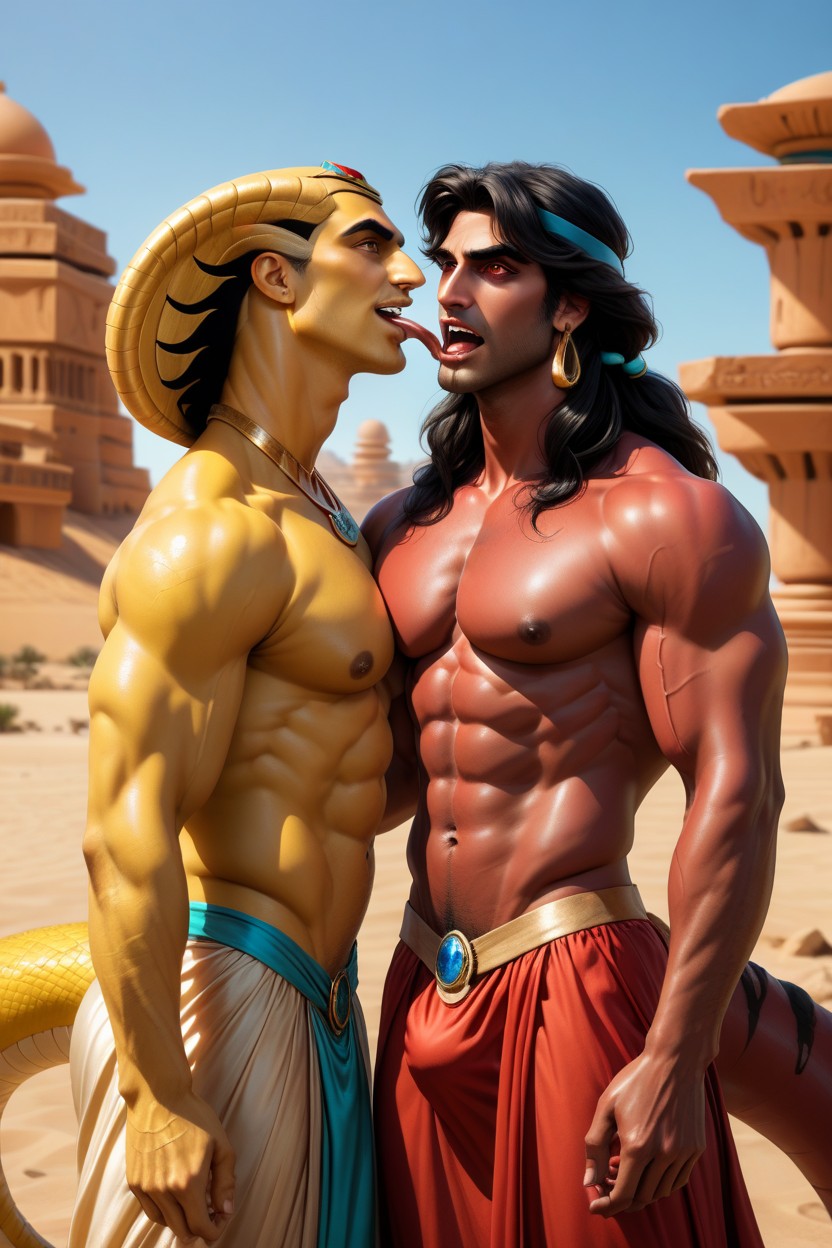 Desert, Aladdin Has A Long Snake Tongue, Full Body AI Gay Porn
