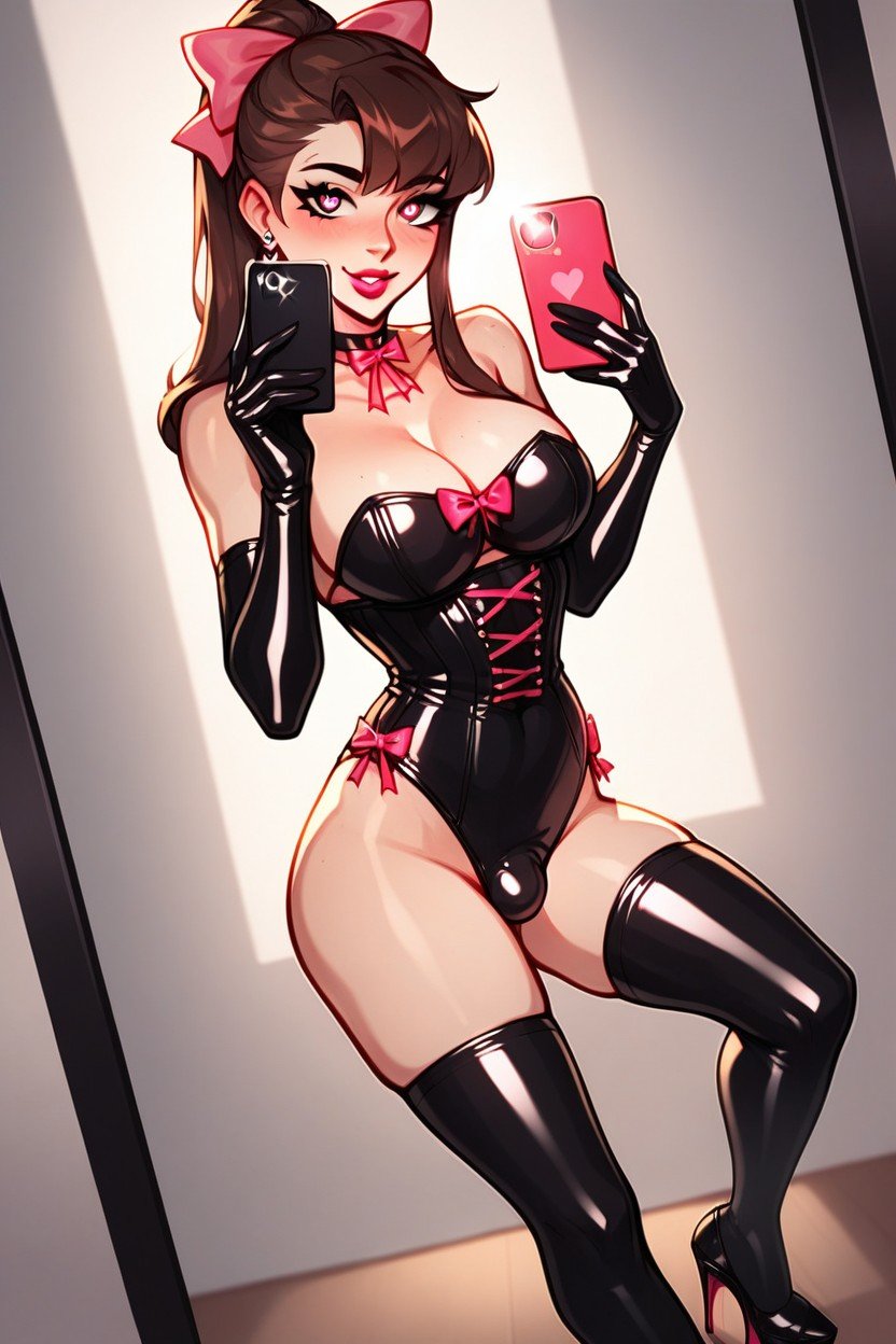 Latex Gloves And Stockings, Latex Corset, Pink BowsニューハーフAIポルノ