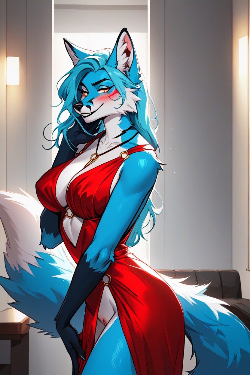 With Lion In Suit, Rounded Breast, Blue FurPorno IA Furry