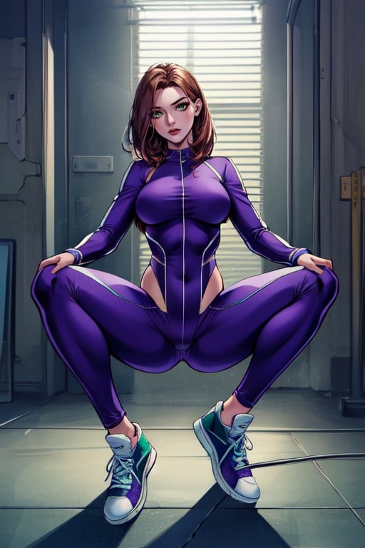 Green And Purple Tight Jumpsuit With Open Legs, Covered Shoulders, Full Body AI Porn