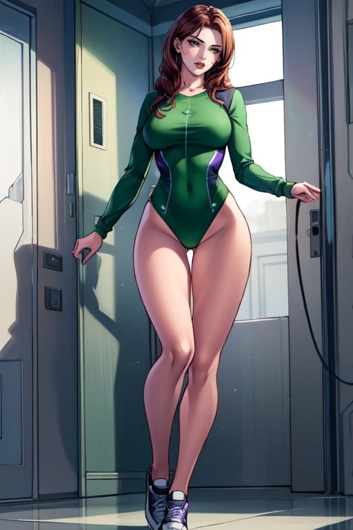 Sleeved Sport Green Leotard With Purple Segments, Green Tight Jumpsuit With Thighs Exposed, 美國萬畫AI黃片