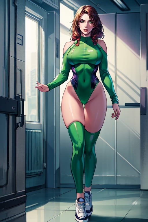 Green Eyes, Green Tight Jumpsuit With Thighs Exposed, 美國萬畫AI黃片