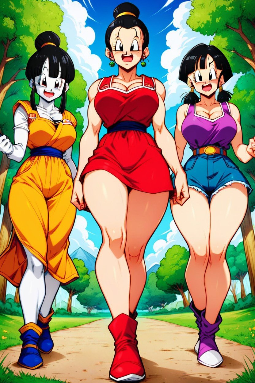 Front View, Three Women Side By Side In A Row, One Is Pan From Dragon Ball Gt AI Porn