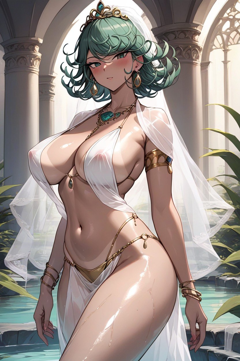 Nipple Piercing, Form-fitting Gold Mermaid Dress With A Plunging V-neckline And High Slit A Cathedral-length, 濃い茶色の肌ヘンタイAIポルノ