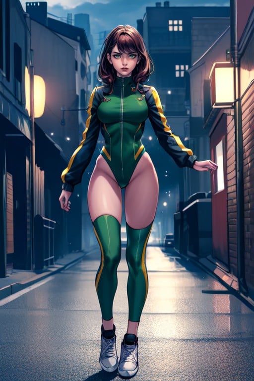 Corps Entier, Green Bodysuit, Green Tight Jumpsuit With Thighs ExposedPorno IA