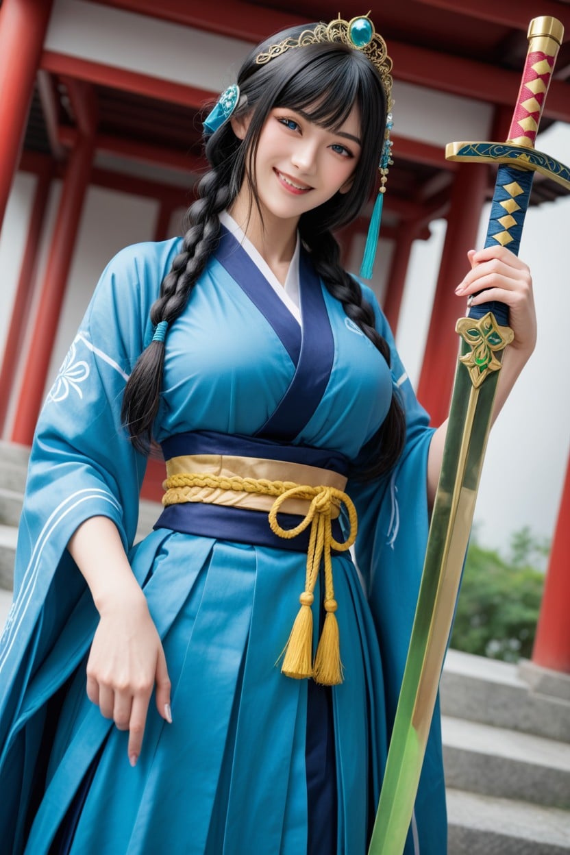 Fit, Holding Green Sword, Single Braid Asian AI Porn