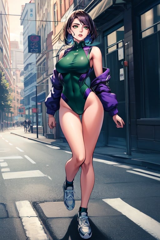 Green Tight Jumpsuit With Thighs Exposed, Dynamic Pose, Red Medium HairPorno AI