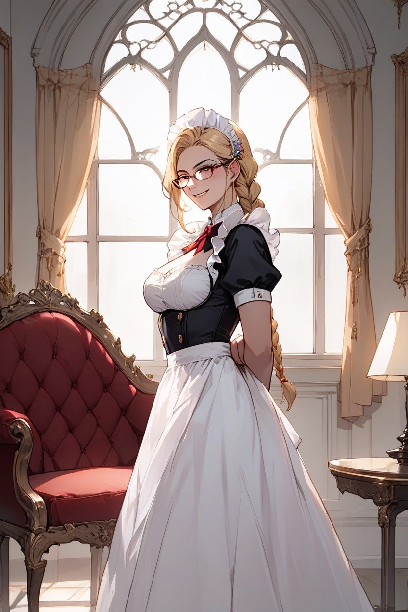 In Maid Outfit Flirting Submissive, Blonde Girlfriend, マンションファーリーAIポルノ