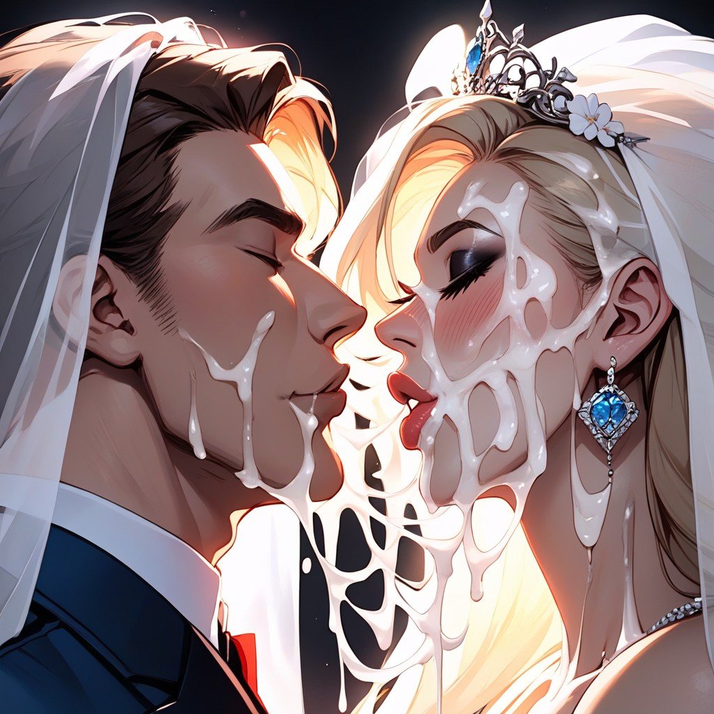 Extremely Subtle Imminent Kiss On The Lips Of A Blonde White Man In Blue Suit, Excessive Cum, Dark Shadow On FaceAI黃片