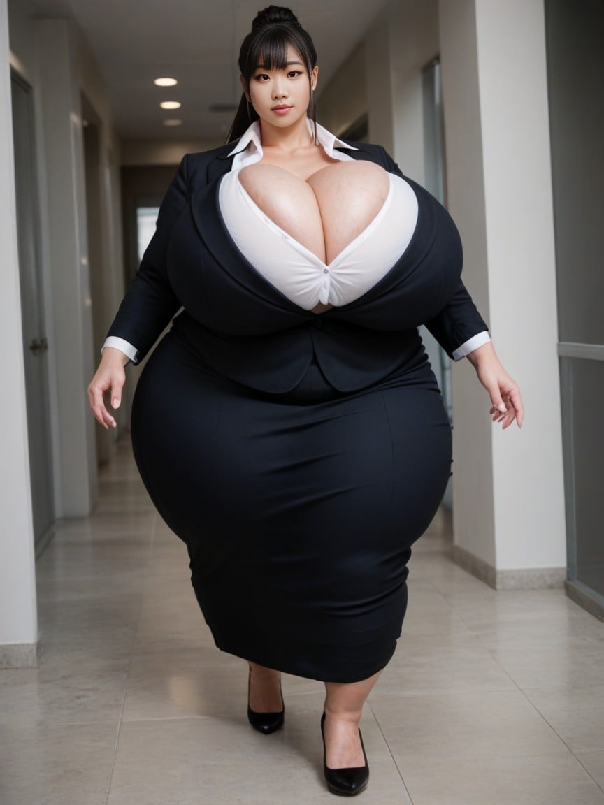 Disproportionately Large Breasts, Walking Down The Office, Extremely Large Ass AI Porn