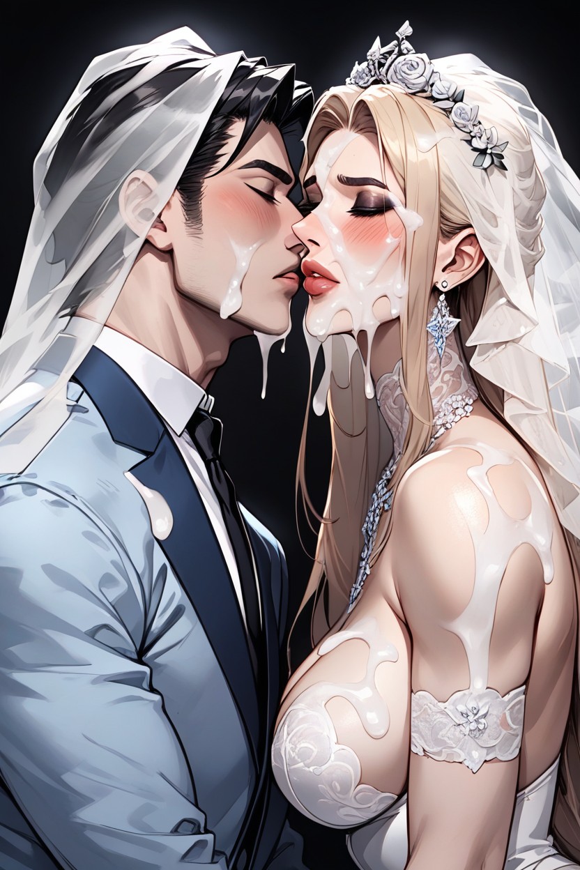 Huge Juicy Glass Lips, Cum Dripping Down Bride Head, Side View AI Porn