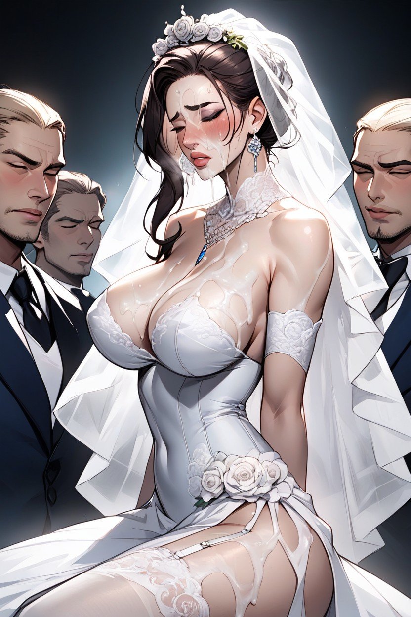 Incredibly Beautiful Seductive Brunette Bride, Excessive Cum On Bride Face Bukkake, Extremely Subtle Imminent Kiss On The Lips Of A Blonde White Man In Blue Suit Asian AI Porn
