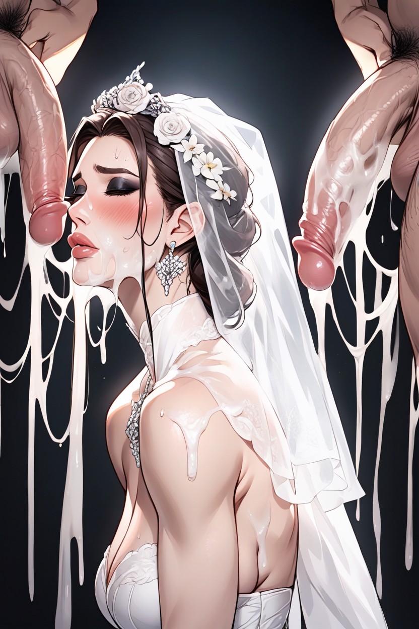 Eyebrows Lifted Up, Strong Jawline, Excessive Cum On Bride Face Bukkake AI Porn