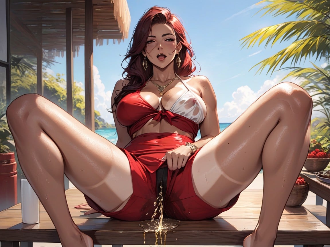 Spread Legs, Bikini Tan Lines, Red Transparent ShortsAI 포르노