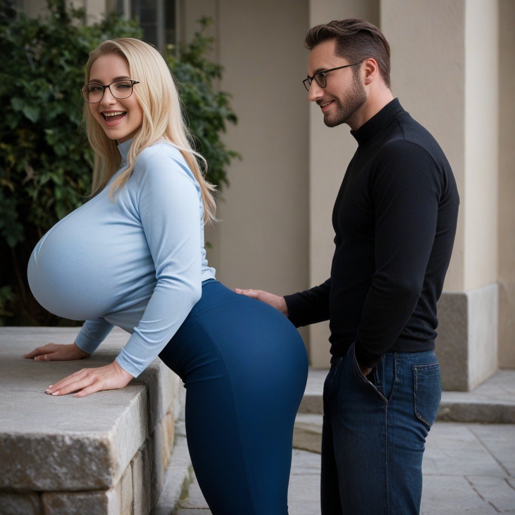 Man Sitting On Stone Ledge, Tight Blue Pants, Laughing AI Porn