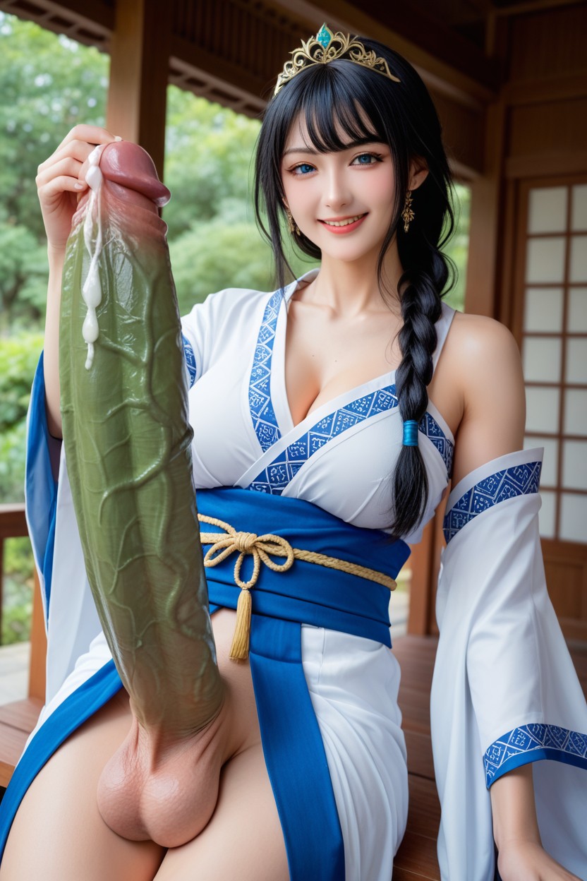 파란색, Blue Shrine Maiden Outfit, Huge Penis Between Legs퍼리 AI 포르노