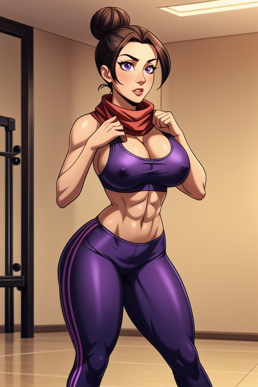 레깅스, Hot Chinese Fitness Woman, Purple Hairbun헨타이 AI 포르노