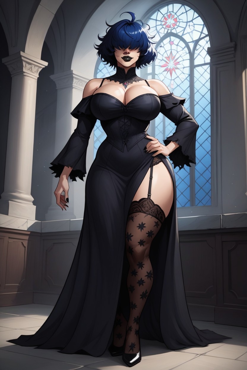 Blue Hair, With Dark Lipstick, Sleeve Less AI Porn
