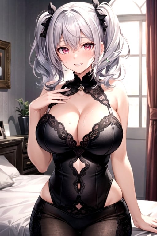 Grin, Embarrassed, Silver HairPorno AI