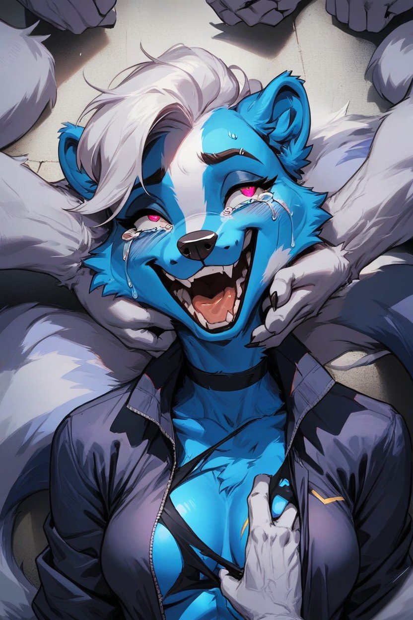 Crying, Males Ripping Clothes Off Of Blue Furry Anthro Female Skunk, Confused Face Asian AI Porn