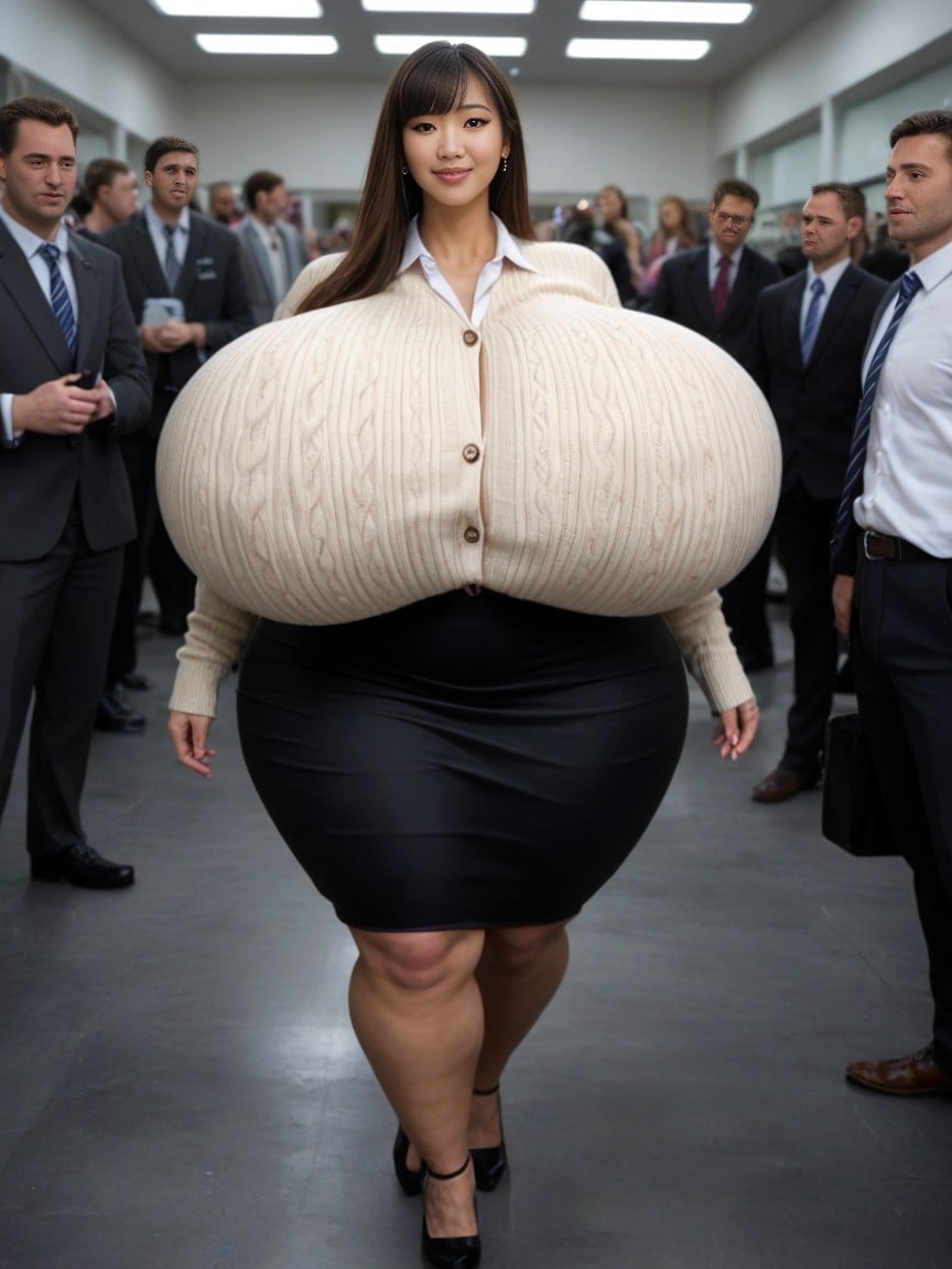 Gigantic Saggy Breasts In Clothes, Beige Sweater, Extreme Hyper Breasts人妖AI色情