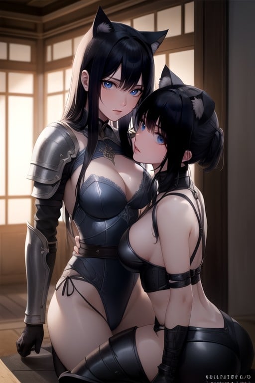 Ears Cats Tail Black Hair Blue Eyes Collar Shibari Restrained Bdsm Many People Around Medieval Village Asian Village Palace Mansion, Armor Gloves, Tunic AI Porn