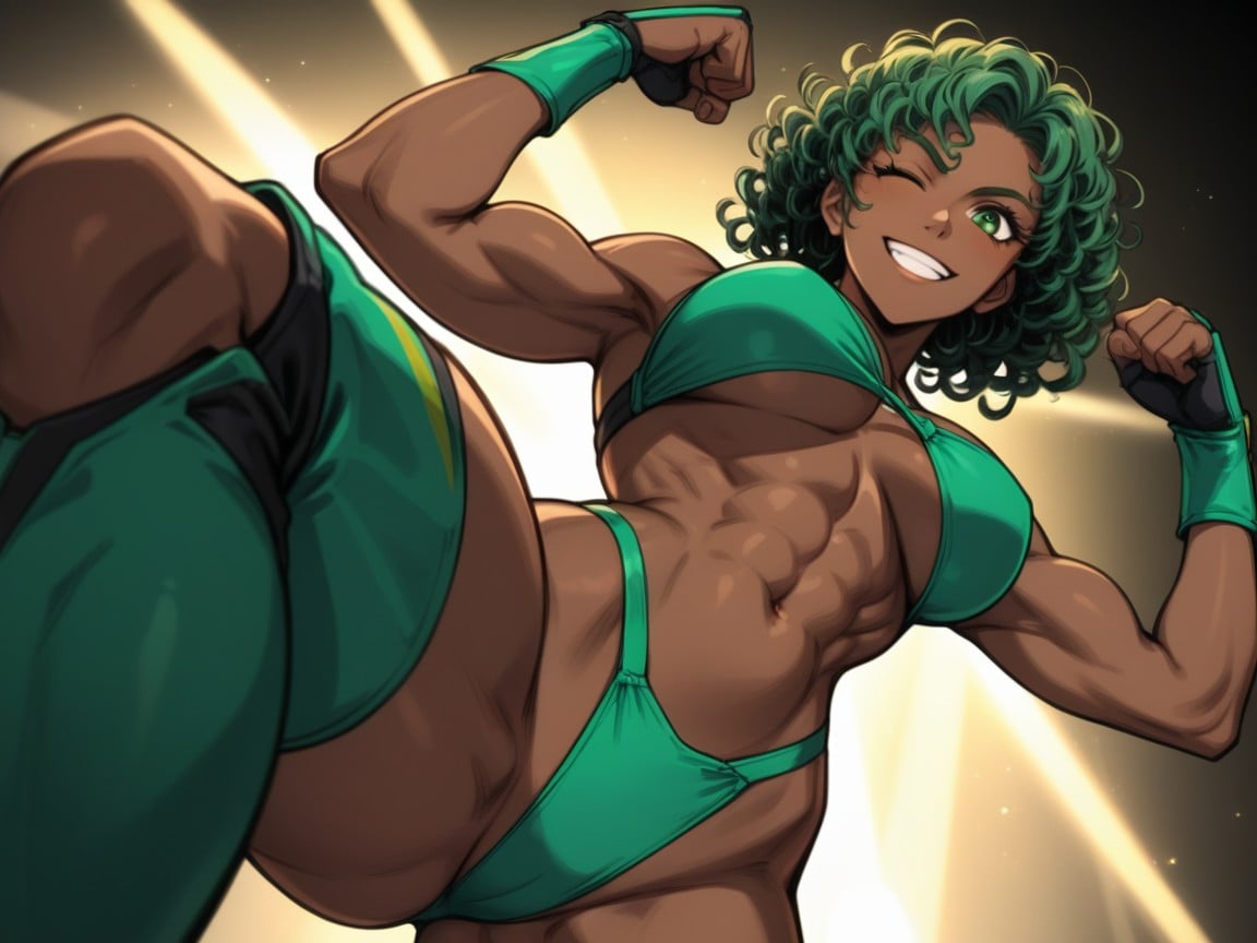 Dark Brown Skin, Woman Flexing, Wearing Green Wrestling Clothes AI Porn