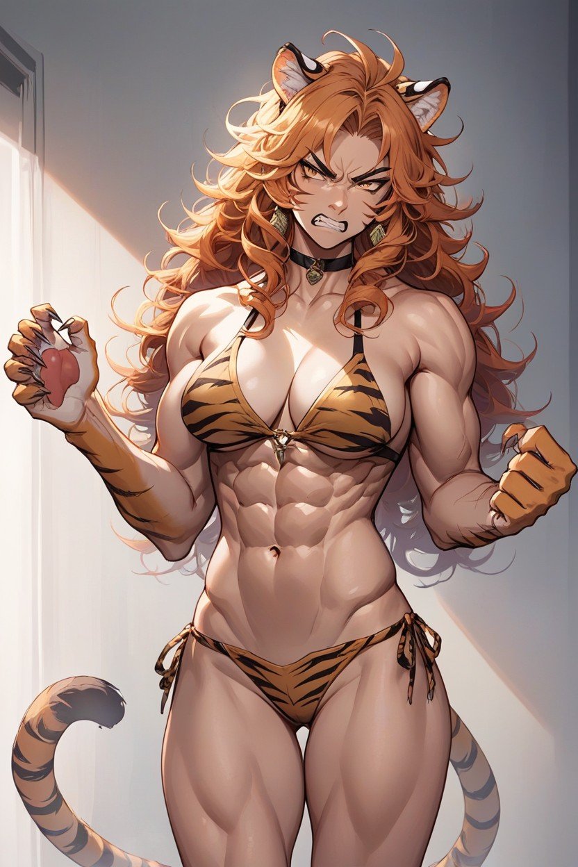 A Neko Tiger Woman With Large Tiger Ears, Tiger Arms, Cheveux PermanentsPorno IA Hentai