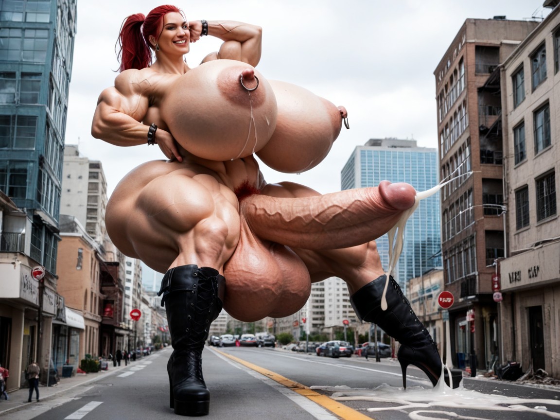 Two Hyper Cocks On Female Futanari, Heels, Futanari Muscular Massive Muscles Shemale AI Porn