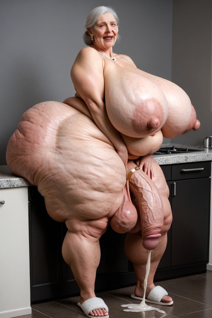 Hyper Obese Rolled Overfat Round Face, Kitchen Gloves, Obese Old Lady Travesti IA Pornô