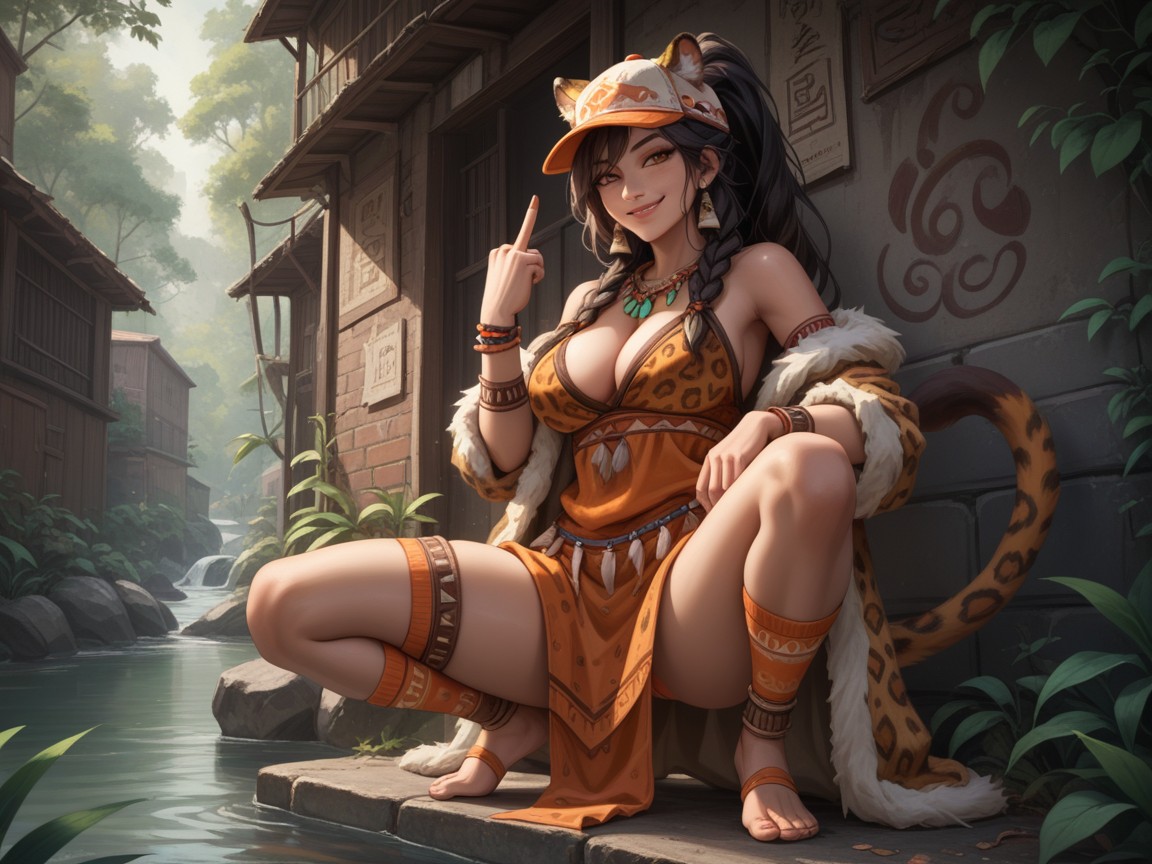 Rounded Shoulders, Orange Thong, Leaning Against A Wall Hentai AI Porn